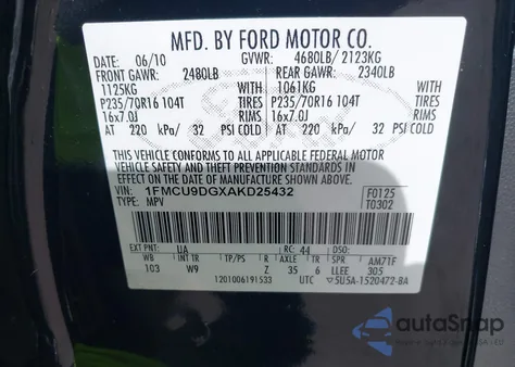 2010 Ford Escape Xlt из США, поврежденный, VIN 1FMCU9DGXAKD25432